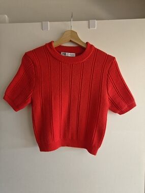 Zara Crew Red Ribbed Short Sleeve Cropped Knit Top